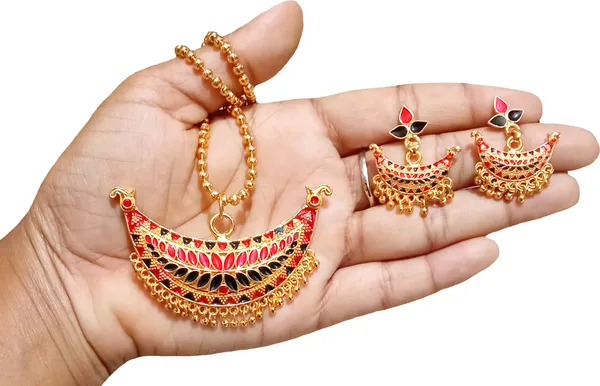 Assamese_Traditional_Gold_Plated_Red_Black_Colour_Joonbiri_Chain_Jewellery_Set_For_Women